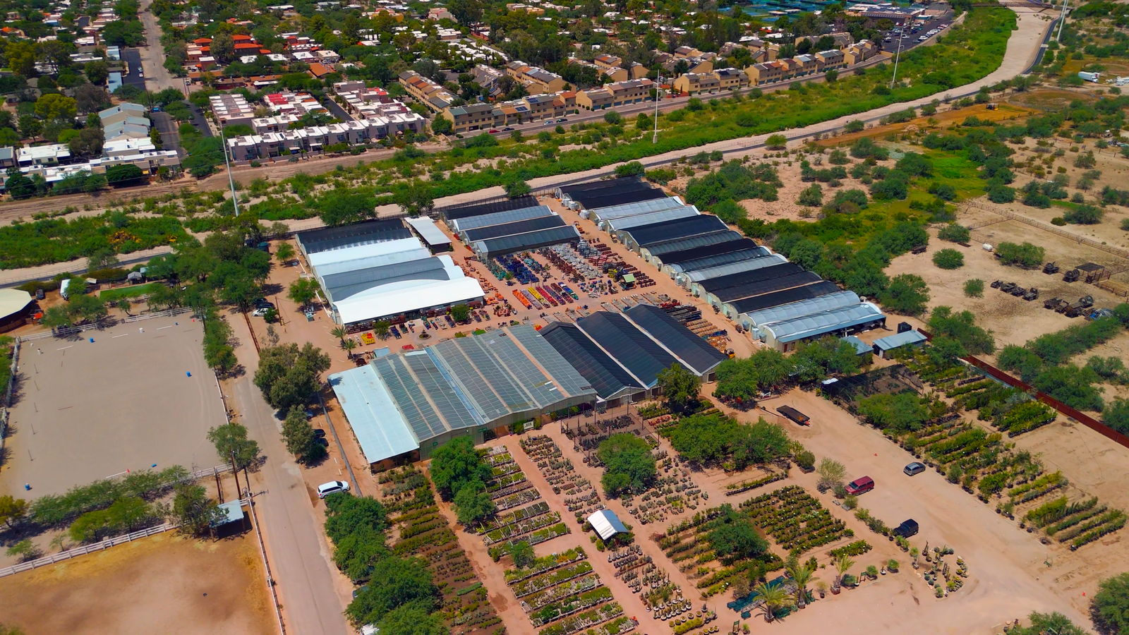 aerial drone photograph of a greenhouse in Tucson, Arizona.