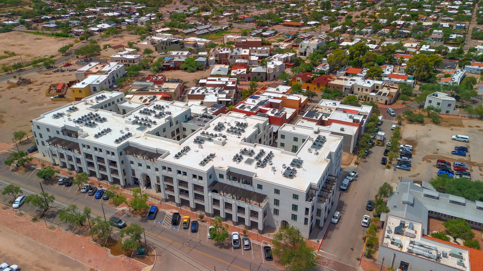 aerial drone photo of a Tucson, Arizona apartment complex