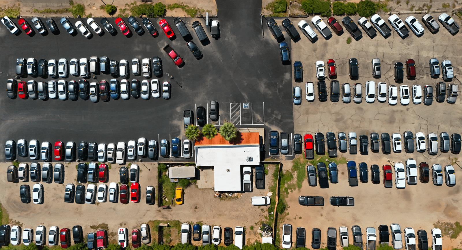 aerial photograph of a Tucson automotive dealership car lot.