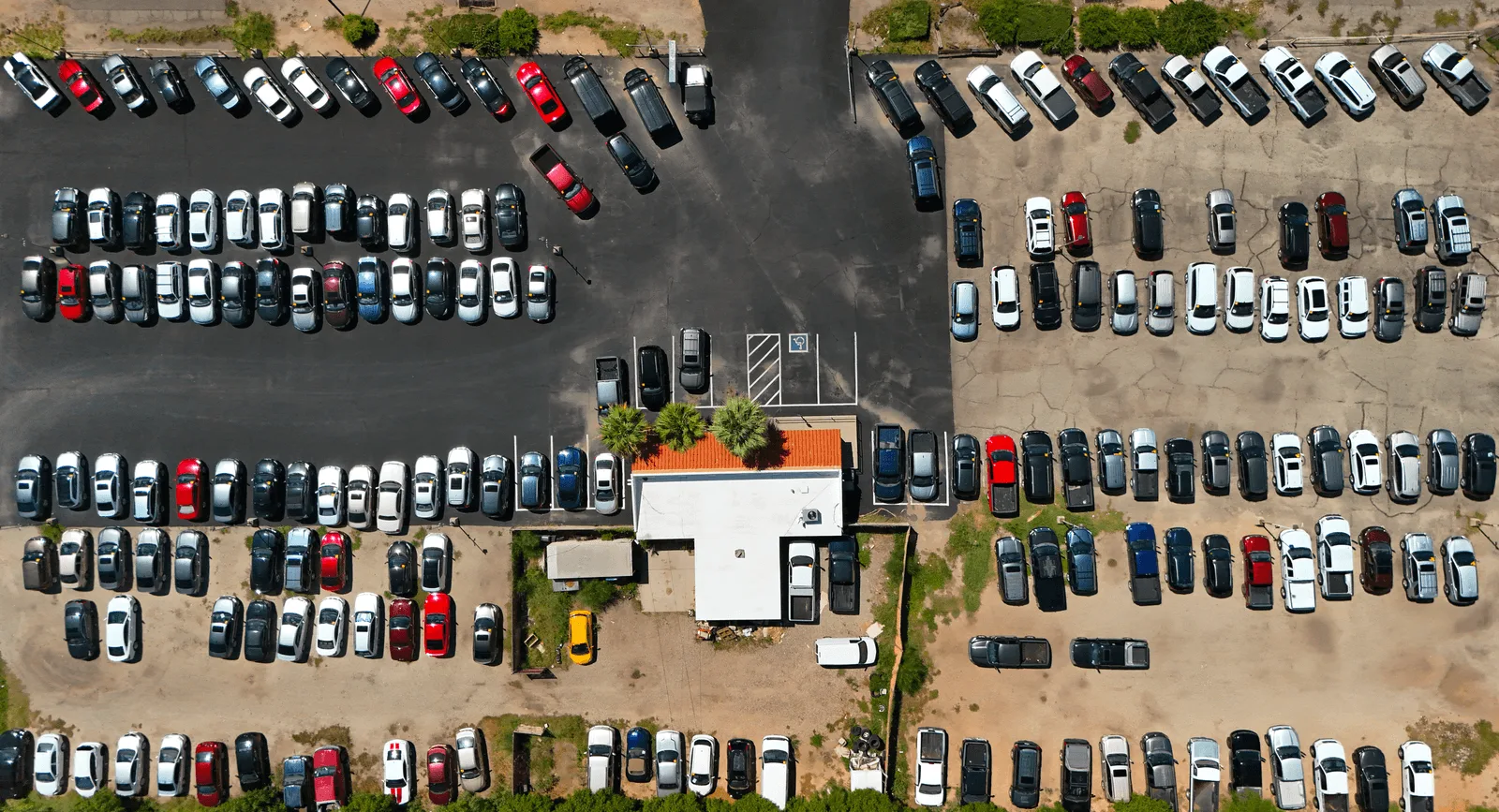 aerial photograph of a Tucson automotive dealership car lot.