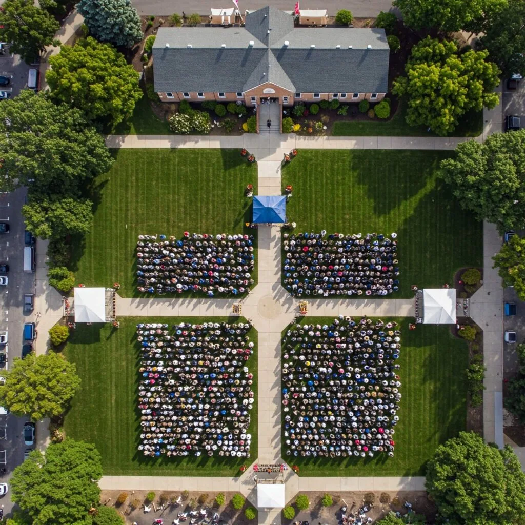 High school graduation ceremony seen from above.