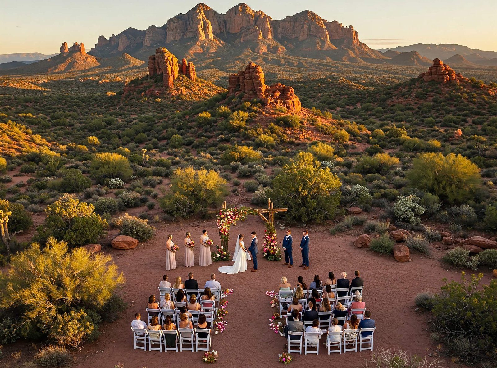aerial photo of a desert wedding