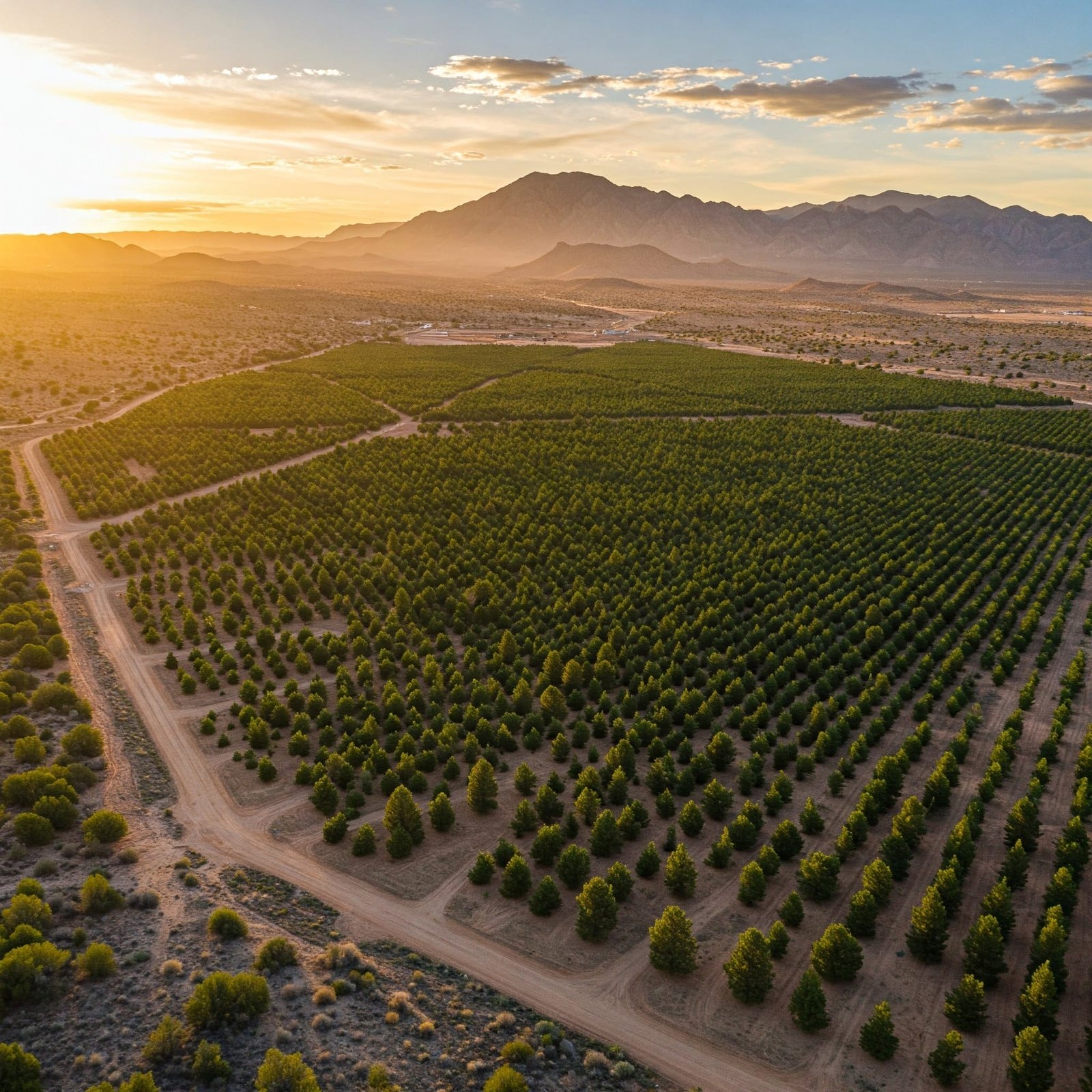 drone photo of a farm during sunset