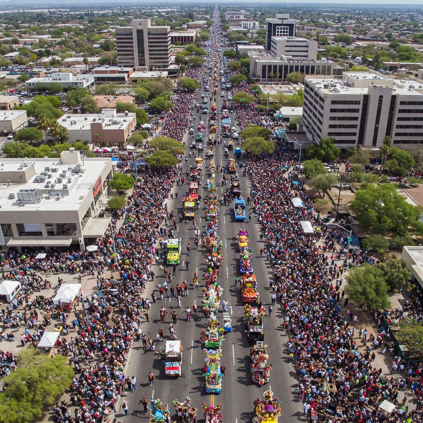 drone photo of a Tucson parade