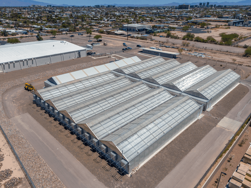 drone photograph of a greenhouse in Tucson, Arizona
