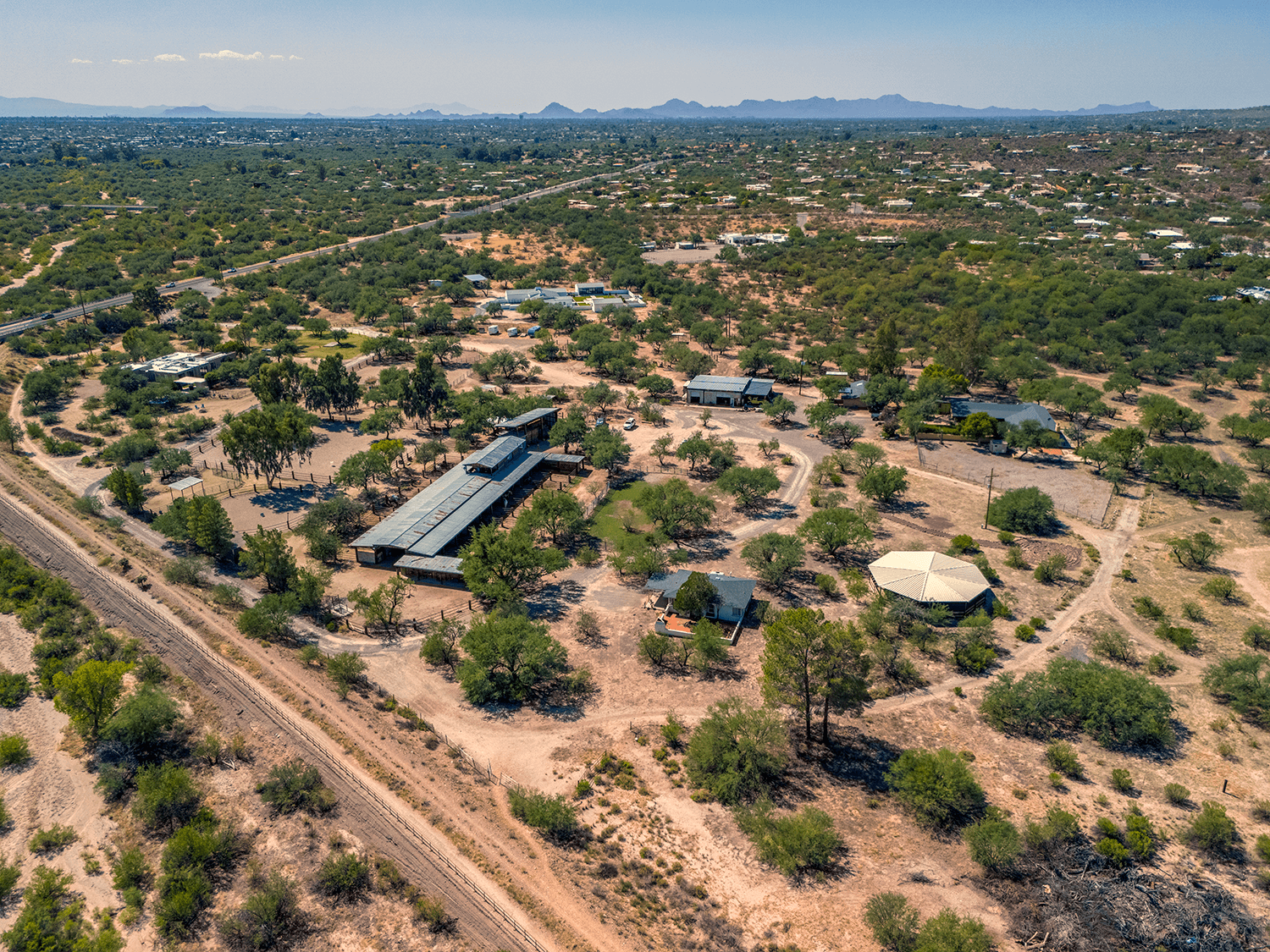 aerial photograph of a Tucson horse ranch and stable.