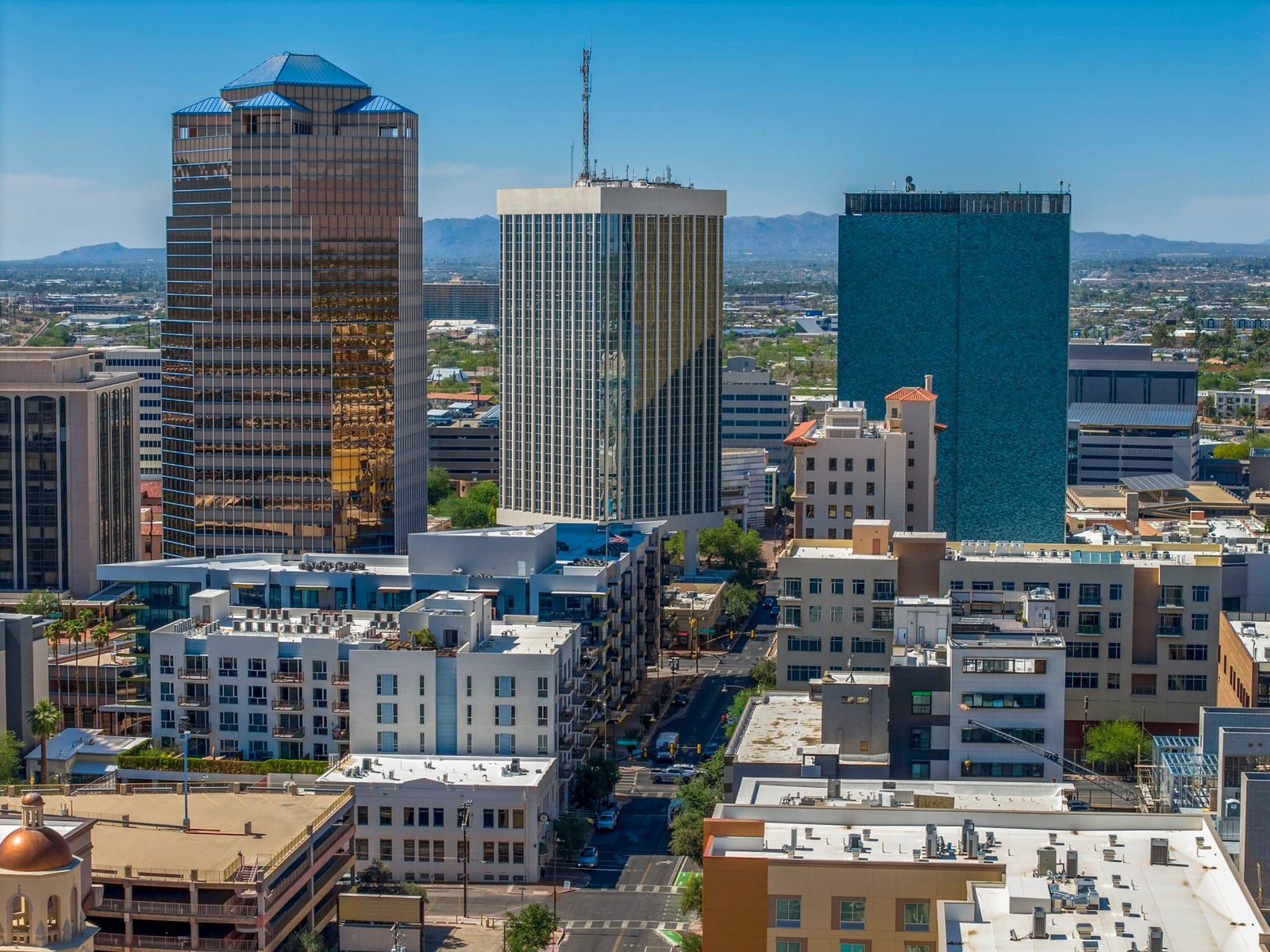 Tucson skyline with clear blue sky and city buildings
