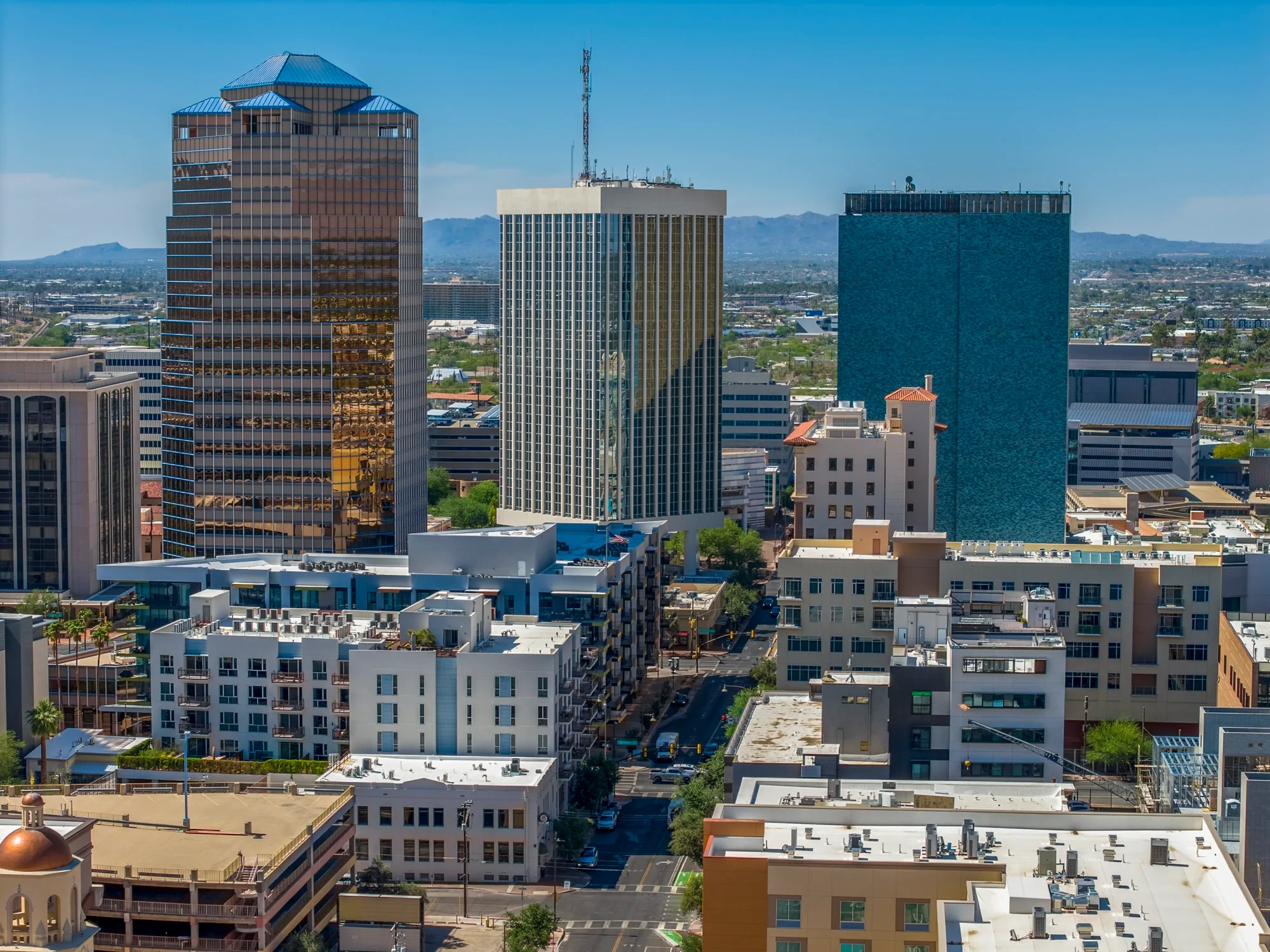Tucson skyline with clear blue sky and city buildings