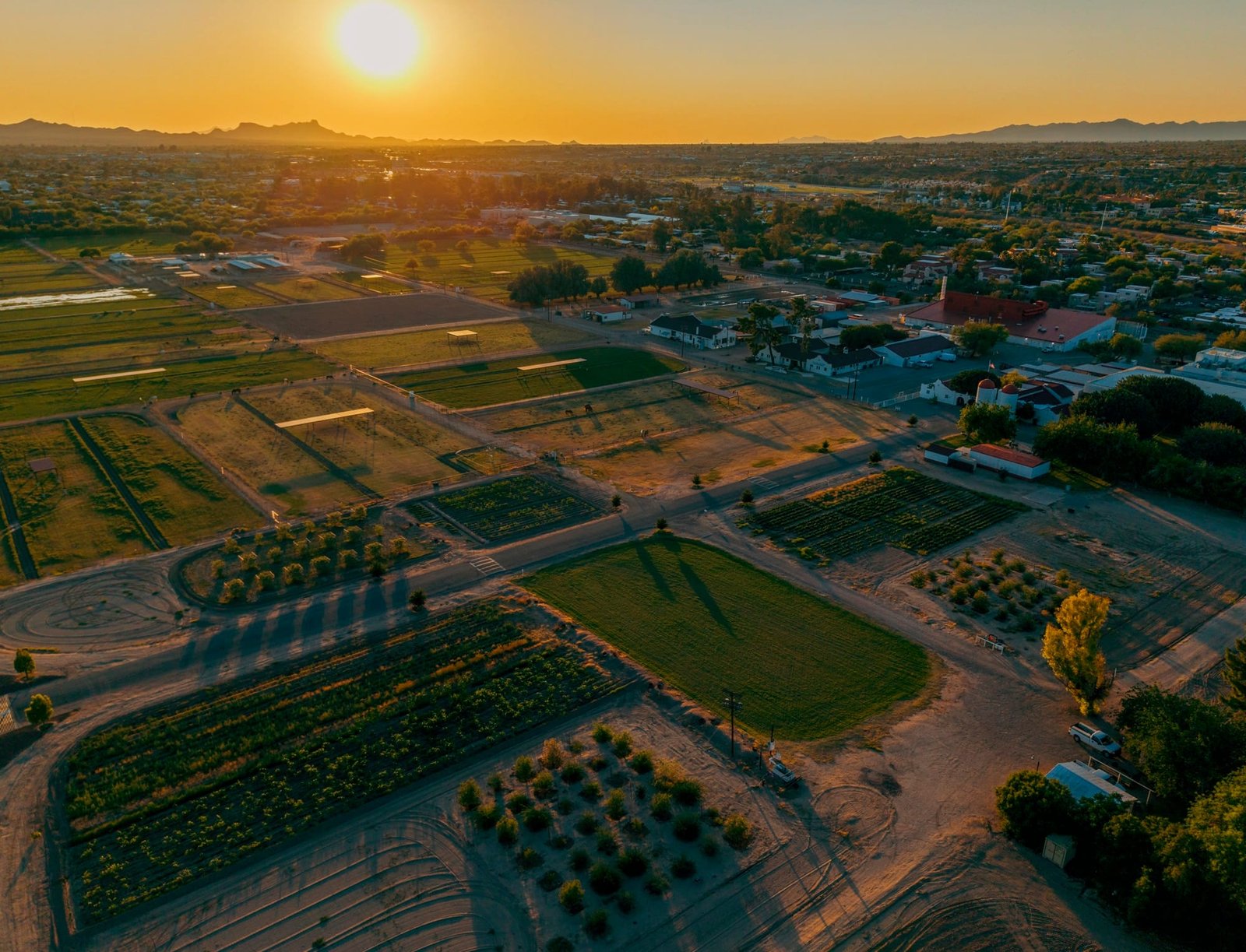 Farm and ranch landscape at sunset with warm natural light
