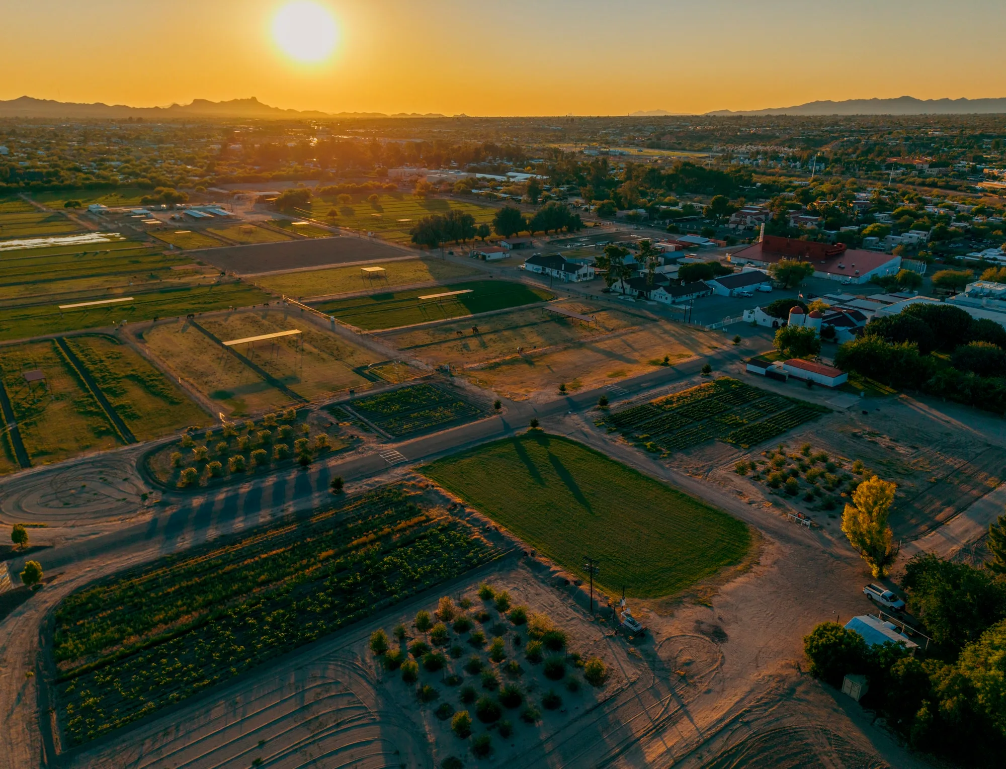 Farm and ranch landscape at sunset with warm natural light