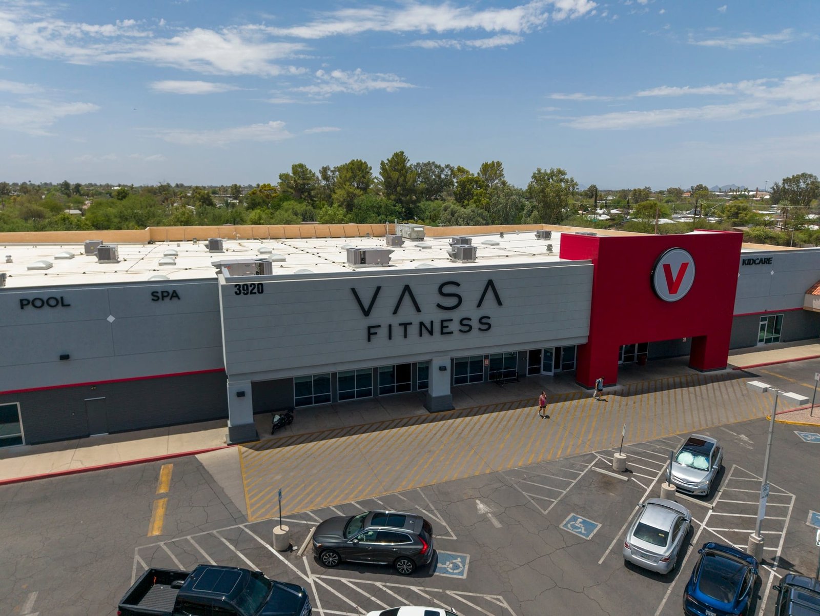 Drone shot capturing Vasa Fitness Tucson exterior and parking lot
