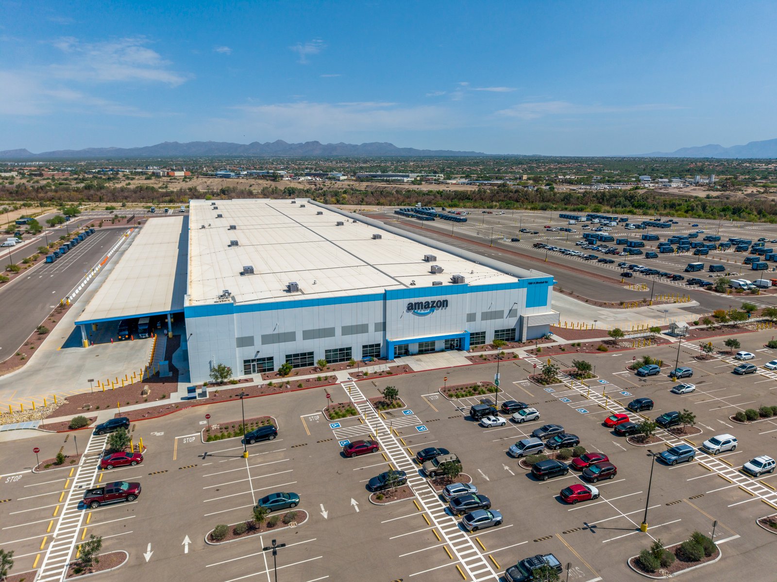 aerial drone video of Amazon warehouse