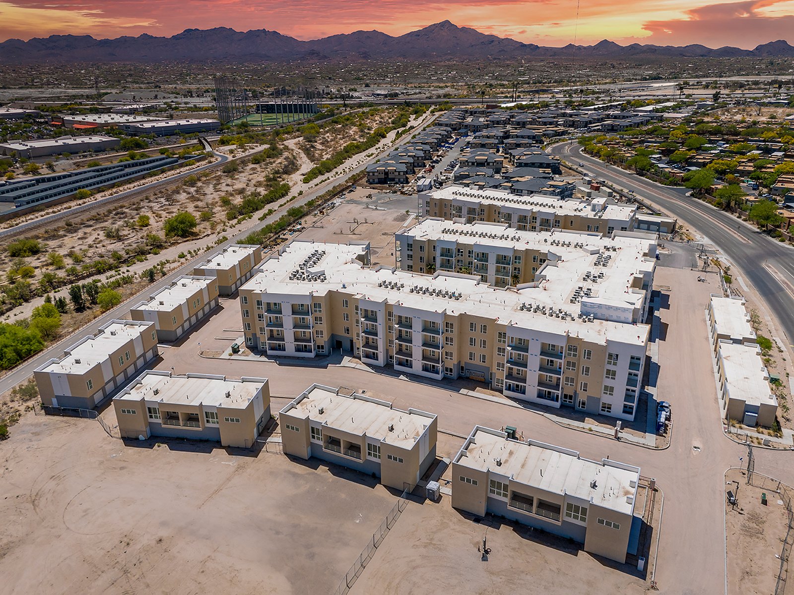 Drone photograph of a new apartment building