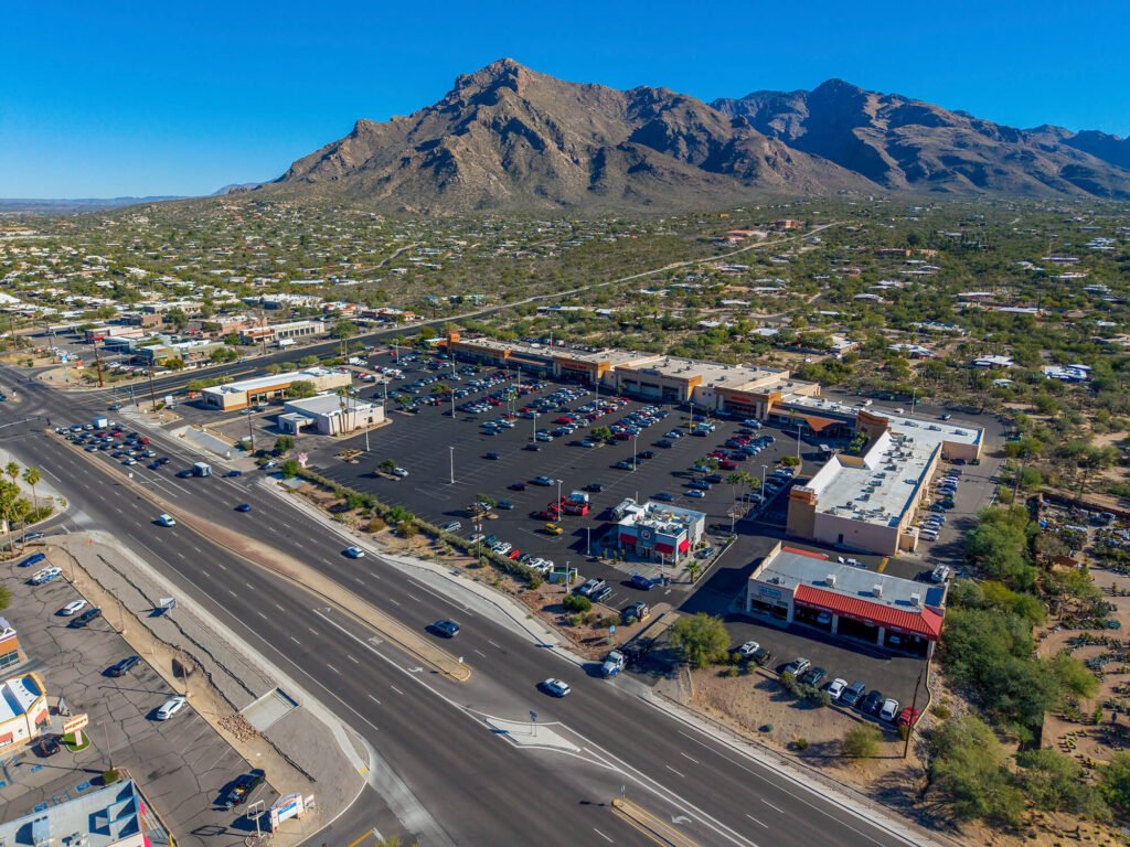 aerial image of Arizona shopping center parking lot