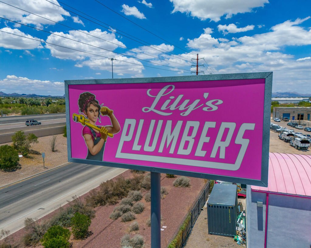 drone photograph of a plumbing business sign